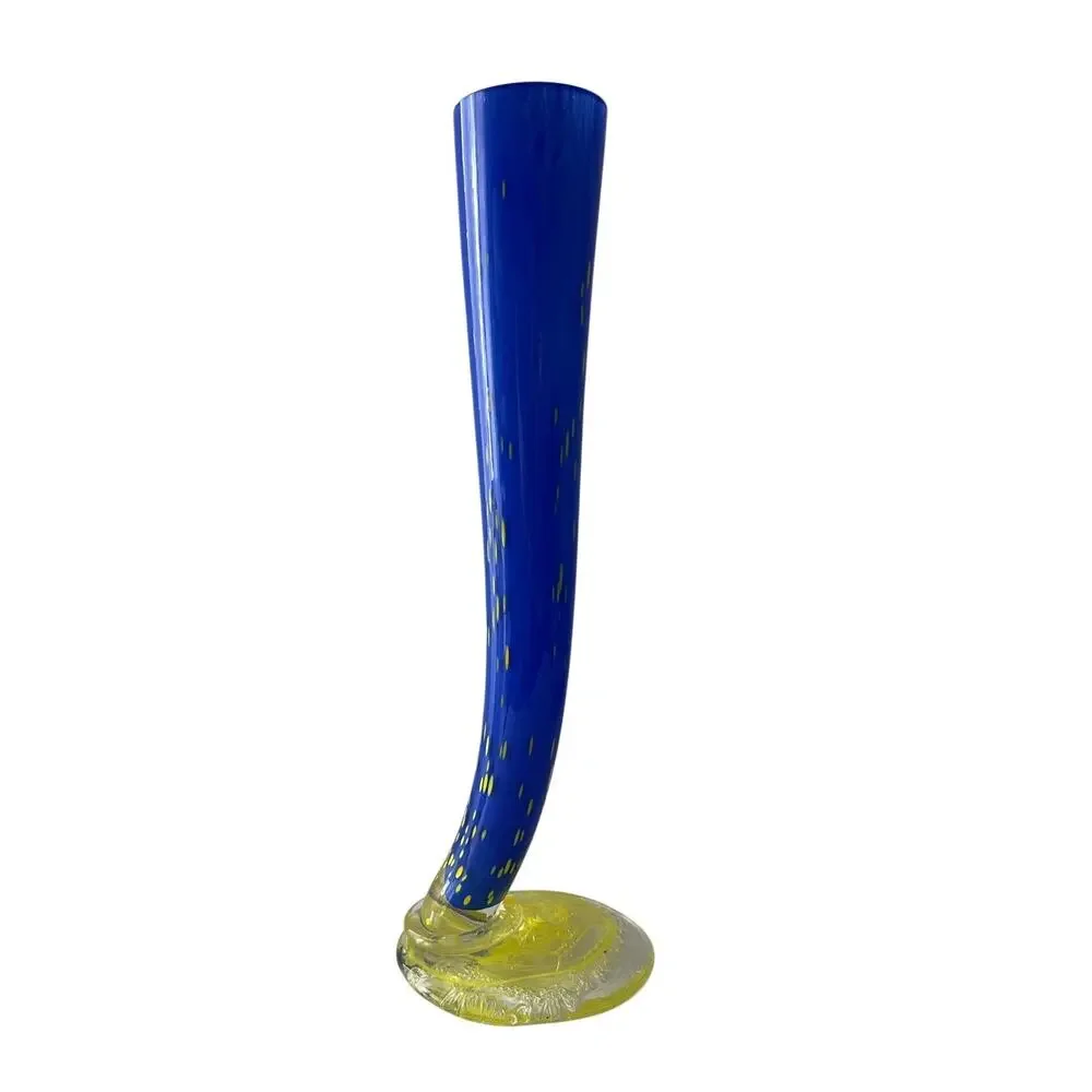 Vintage Hand Made Heavy Glass Blue Yellow Vase Excellent Mint Condition European